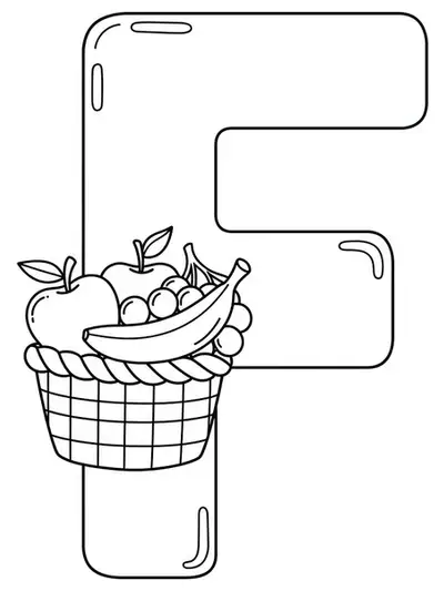 Letter F with a basic fruit basket containing simple fruit shapes for preschool coloring.