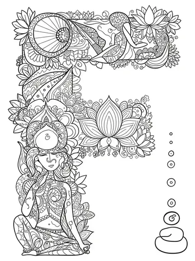 Letter F with yoga poses, lotus flowers, and tranquil patterns for adult coloring