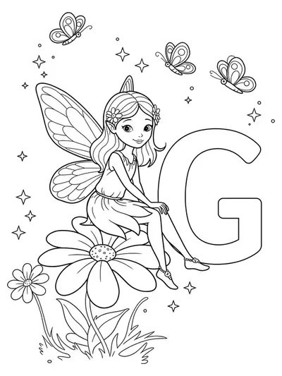 Letter G coloring page with a magical garden fairy on a flower.