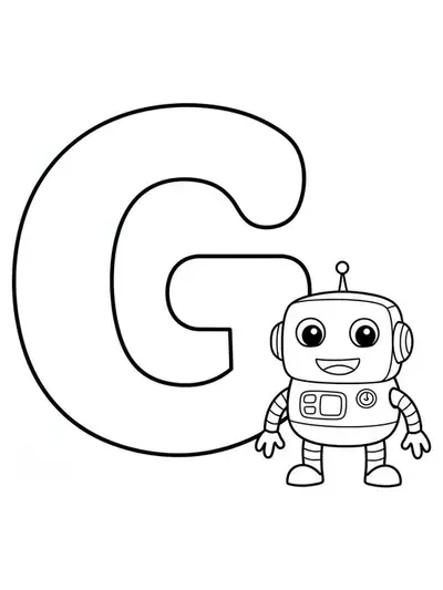 Large letter G with a friendly cartoon robot standing next to it.