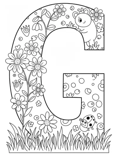 Large letter G in a garden with flowers, grass, and bugs for easy coloring.