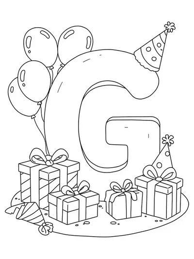 Letter G coloring page with wrapped birthday gifts, balloons, and party hats.
