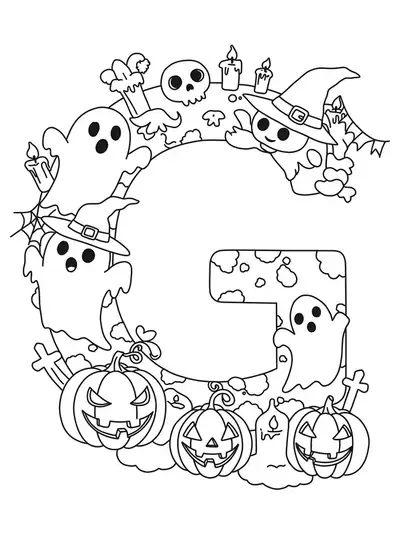Letter G coloring page with goofy ghosts, pumpkins, and Halloween decorations.
