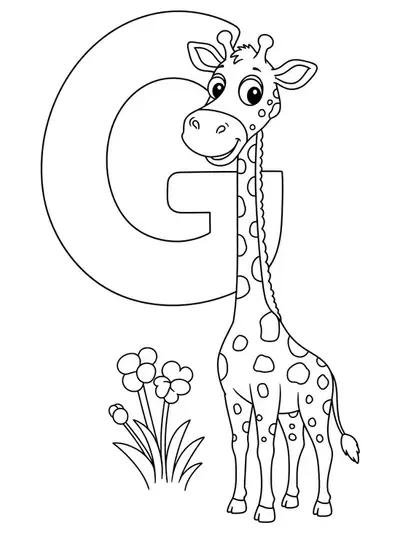 Large letter G with a smiling, simple cartoon giraffe beside it.