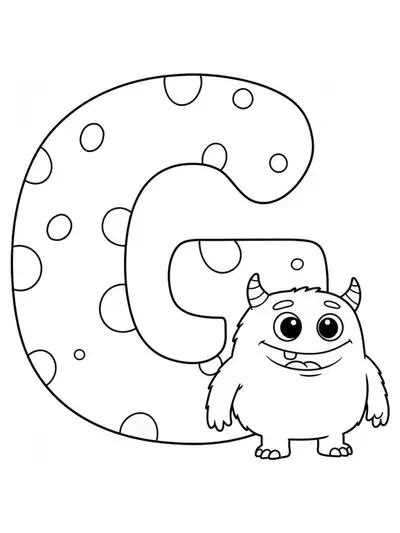 Large letter G with a silly, friendly cartoon monster beside it.