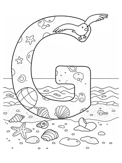 Letter G coloring page with seashells, seagull, and waves at the beach.