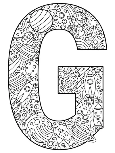 Complex galaxy scene with stars, planets, and the letter G integrated, hard coloring page for kids.