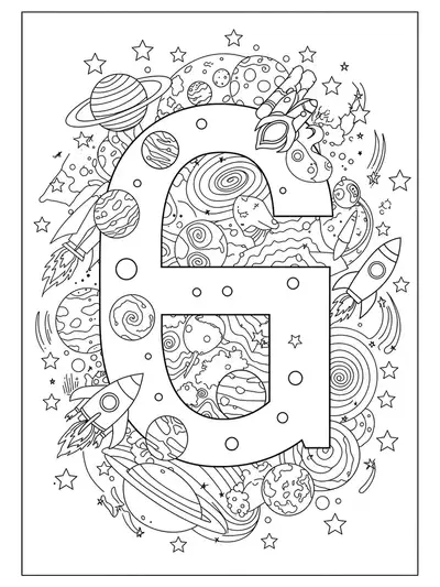 Space-themed letter G coloring page with intricate planets, rockets, and stars