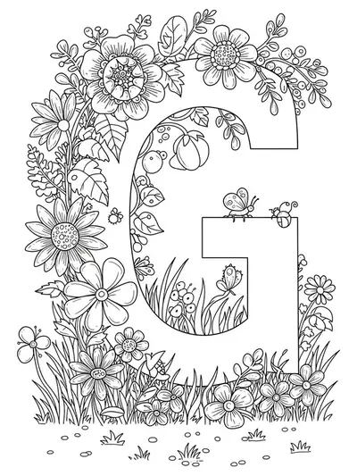 Intricate garden-themed letter G coloring page with flowers, grass, and bugs for preschoolers