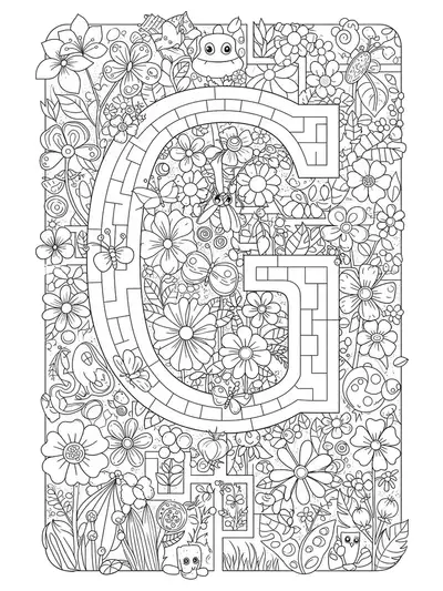 Detailed garden scene with flowers, bugs, and letter G maze, hard complexity for elementary kids.