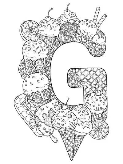 Ice cream-themed letter G coloring page with detailed cones, sprinkles, and scoops