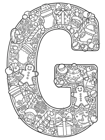Intricate gingerbread and holiday decorations around letter G, hard coloring page for elementary kids.