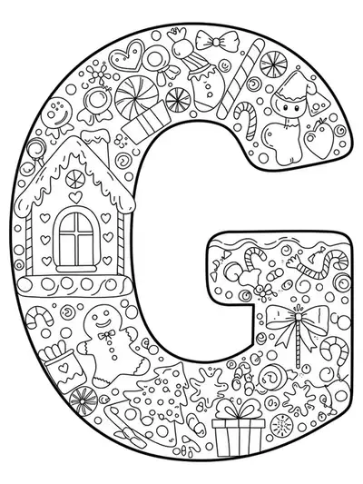 Christmas-themed letter G coloring page with detailed gingerbread house, candy, and decorations
