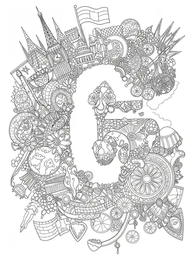Complex scene with cultural symbols, landmarks, and letter G, hard coloring for elementary kids.