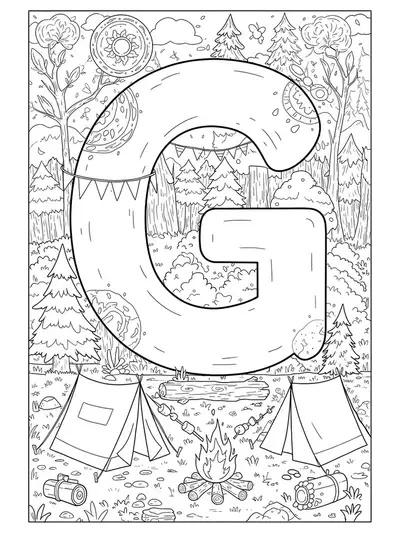 Camping-themed letter G coloring page with tents, campfire, trees, and marshmallows
