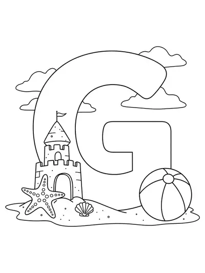 Letter G at the beach with sandcastle, starfish, and beach ball.