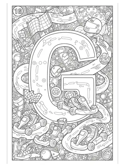 Go-kart racing-themed letter G coloring page with detailed go-karts and racing flags