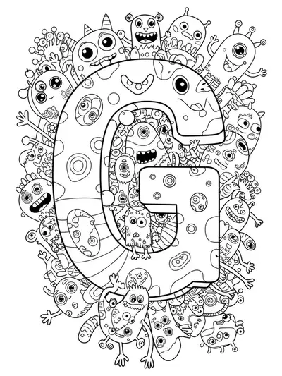 Goofy monster-themed letter G coloring page with detailed silly monster characters