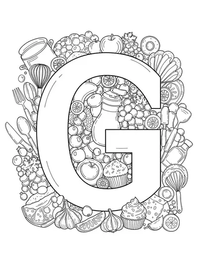 Intricate food-themed scene with grapes, cupcakes, garlic, and letter G, hard coloring page for kids.