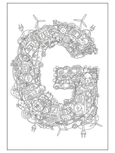 Detailed scene with eco-friendly vehicles, wind turbines, and letter G, hard coloring page for kids.