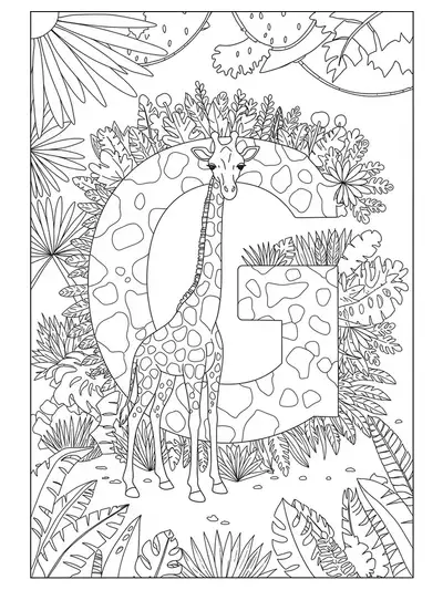 Jungle-themed letter G coloring page with detailed giraffes and rainforest plants