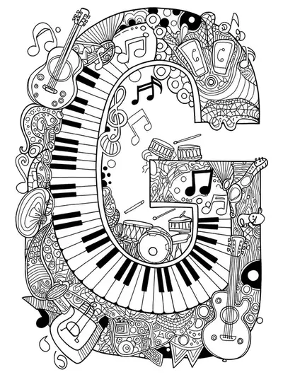 Intricate musical scene with notes, instruments, and patterned letter G, hard coloring page for kids.