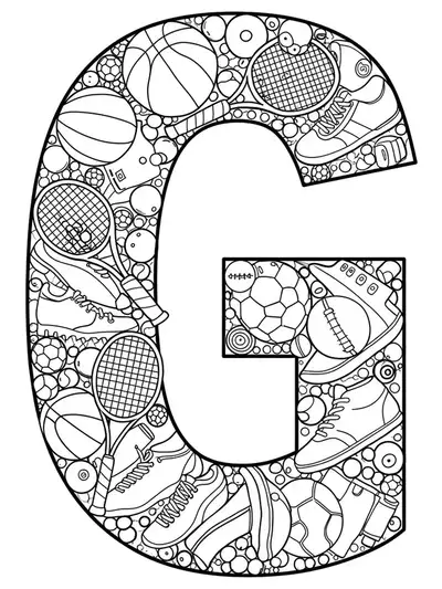Sports-themed letter G coloring page with detailed balls, shoes, and equipment