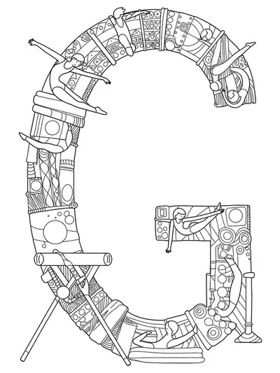 Dynamic gymnastics scene with detailed figures and apparatuses forming letter G, hard coloring page.