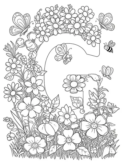 Letter G coloring page with flowers, butterflies, and bees in a garden setting.