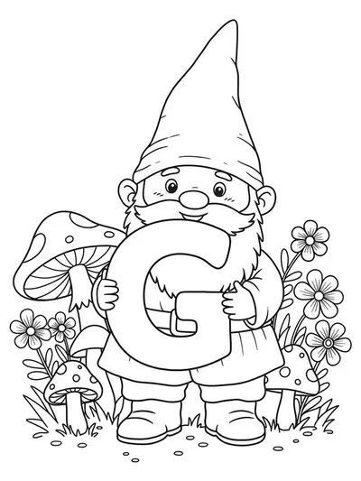 Letter G coloring page with a smiling garden gnome, mushrooms, and flowers.