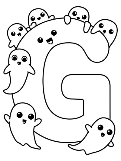 Easy Halloween coloring page with a large letter G and smiling ghosts.