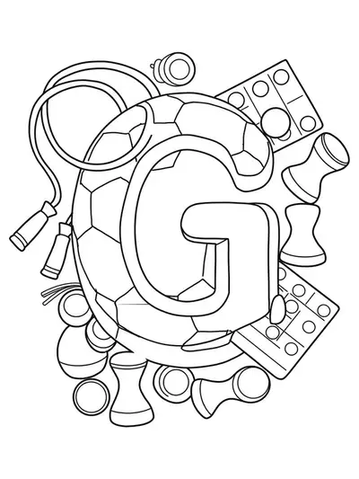 Letter G coloring page with sports gear and board games.