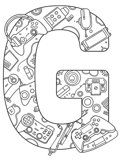 Letter G surrounded by gaming controllers, a headset, console buttons, and pixel art icons.