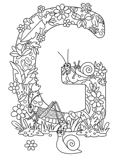 Outline drawing of the letter G surrounded by a garden scene with flowers, grasshoppers, snails, and plants.