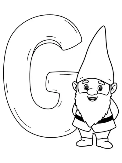 Large letter G with a simple, smiling garden gnome standing near it, easy for preschool coloring.