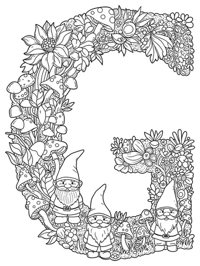 Letter G decorated with cute garden gnomes, mushrooms, and whimsical plants.