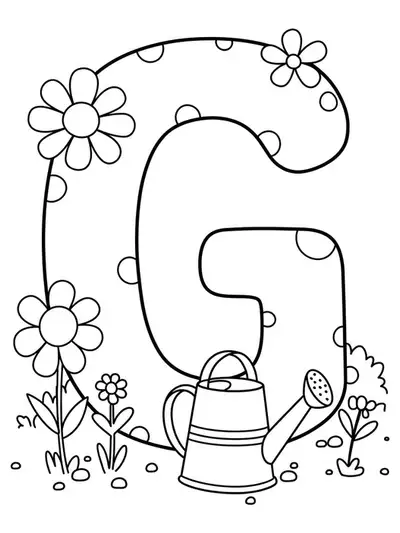 Outlined letter G with simple garden elements like flowers and a watering can, easy for preschoolers.