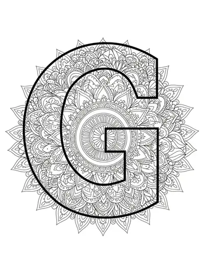 Letter G filled with geometric patterns and surrounded by mandala style motifs.