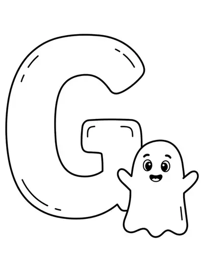 Large letter G with a smiling, simple ghost beside it, very easy outlines for preschool coloring.