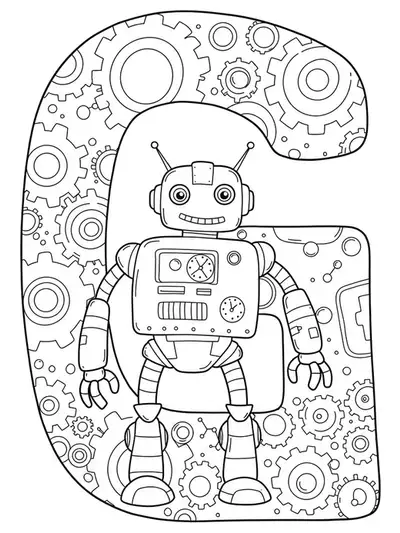 Outline drawing of the letter G beside a giant robot with gears and control panels.