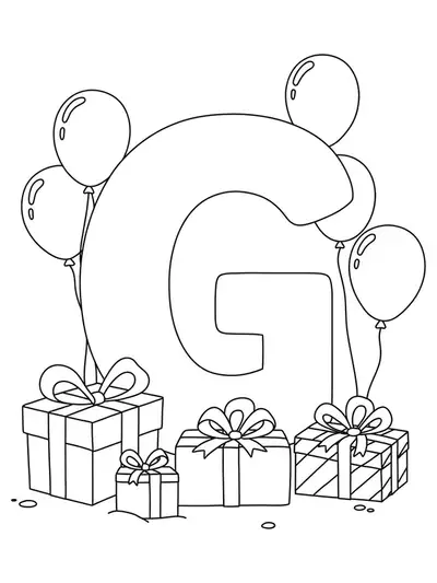 Big letter G with gift boxes and balloons around it, for easy coloring.