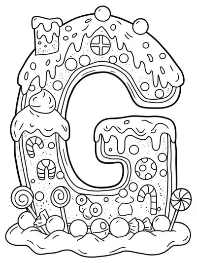 Outline drawing of the letter G transformed into a gingerbread house with candy decorations and icing.