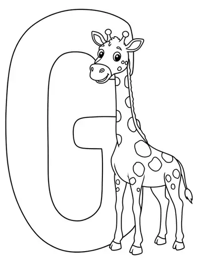 Outline of a big letter G with a smiling giraffe beside it, easy shapes for preschool coloring.