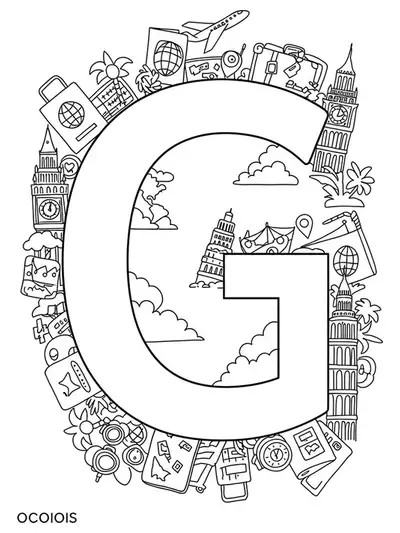 Letter G decorated with airplanes, passports, suitcases, and landmark icons like Eiffel Tower and Statue of Liberty.