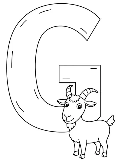 Outlined letter G with a cartoon goat standing next to it, simple and easy to color.