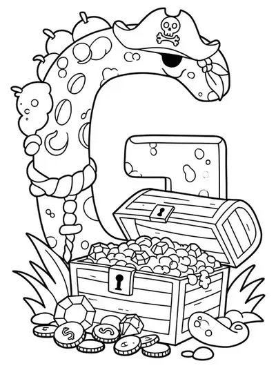 Outline drawing of the letter G with a pirate treasure chest, gold coins, jewels, and a small pirate hat.