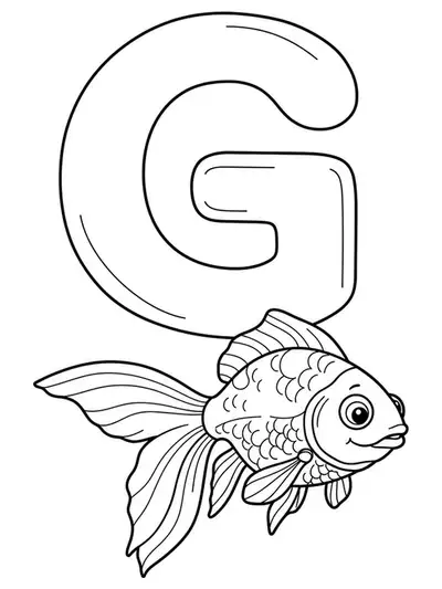 Large letter G with a smiling cartoon goldfish near it, simple outlines for preschool coloring.