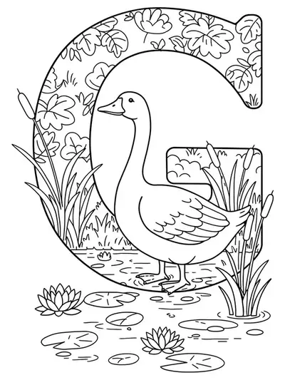 Outline drawing of the letter G with a goose, lily pads, reeds, and water beside a pond.