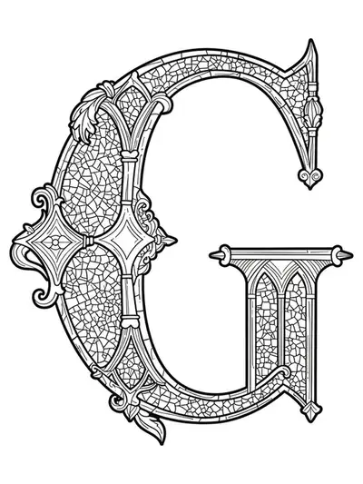 Letter G integrated with gothic arches, stained glass designs, and ornate tracery.