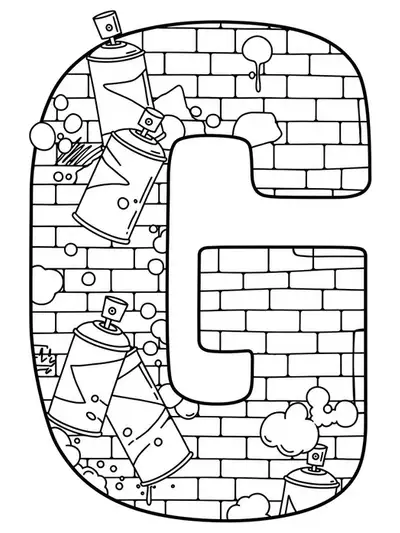 Letter G in graffiti style surrounded by spray paint cans, brick wall, and stylized urban art elements.